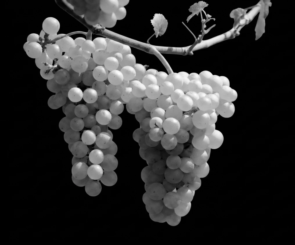 Grappe de raisin dans les vignes à pour illustrer un site internet pour un domaine viticole à Tain-l'Hermitage